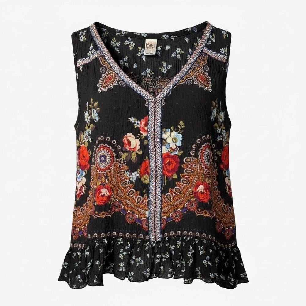 Bila Blue Orange Blue Floral Sleeveless Crinkle Tunic Tank Top Boho Peasant Wome